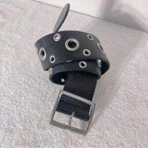 Vintage Black Leather Belt With. Various Size Metal Grommet Accents